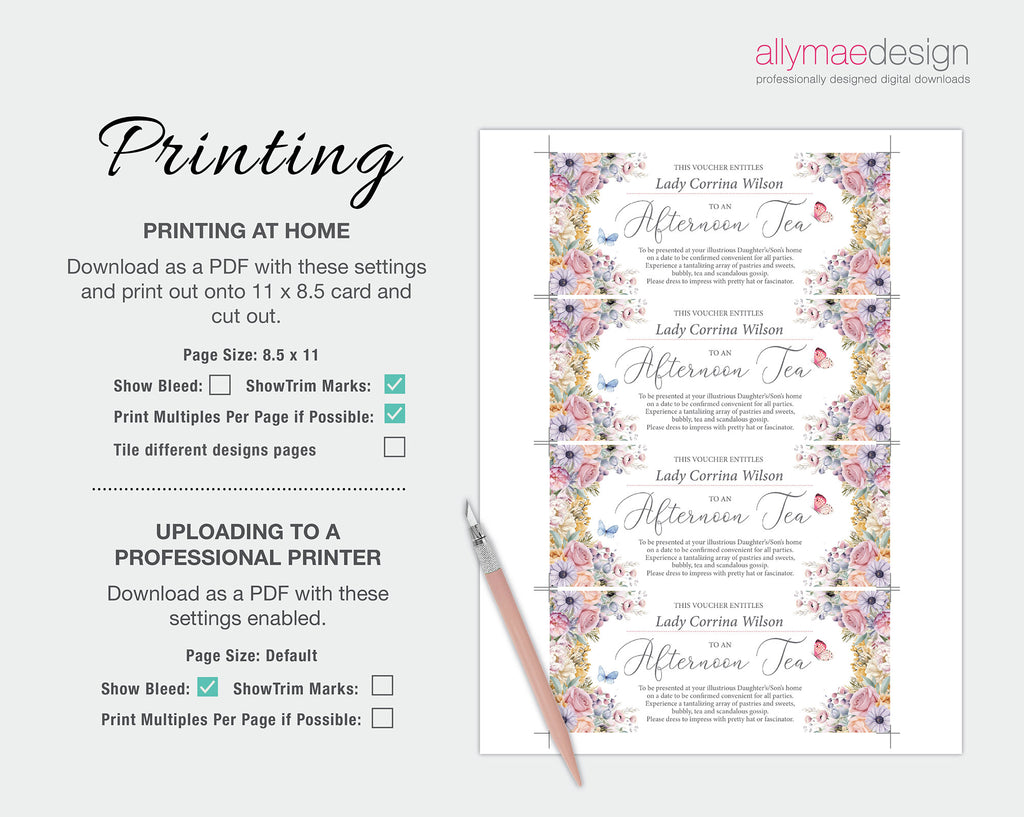 Floral invitation design with printing instructions on a white background