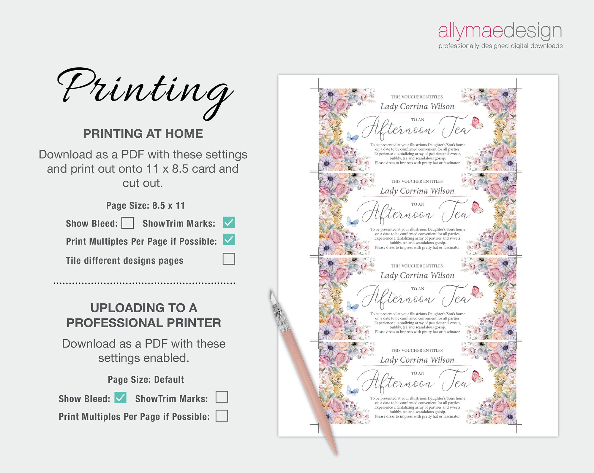 Floral invitation design with printing instructions on a white background