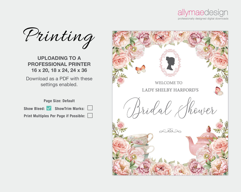printing instructions for the blush pink regency style bridal shower welcome signs
