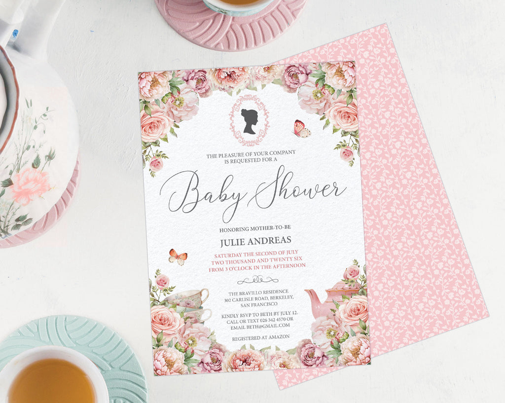 a blush pink flower baby shower invitation showing the front and the pink pattern back, laying on a white background next to a pastel tea service