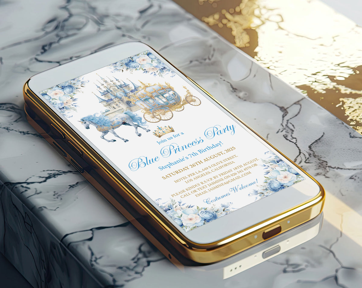 A gold-framed smartphone lying diagonally on a white and gray marble surface, displaying a blue and gold princess-themed party invitation design.