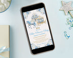 A smartphone lying on a light blue surface, displaying a blue and white princess-themed party invitation with a castle, carriage, and floral border. The phone is styled with a gift box, pearls, a glittery star wand, and sequins around it.