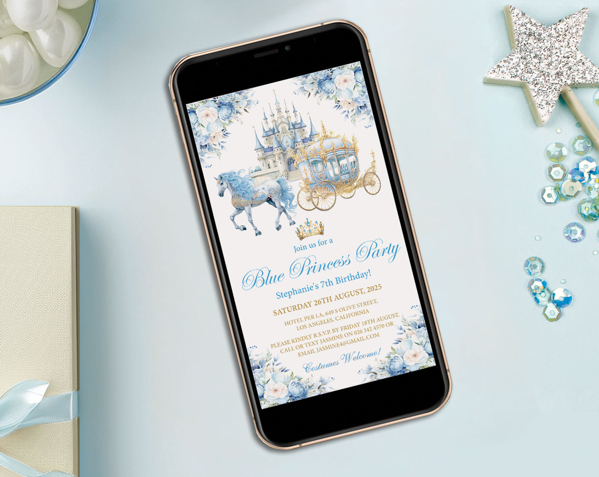 A smartphone lying on a light blue surface, displaying a blue and white princess-themed party invitation with a castle, carriage, and floral border. The phone is styled with a gift box, pearls, a glittery star wand, and sequins around it.