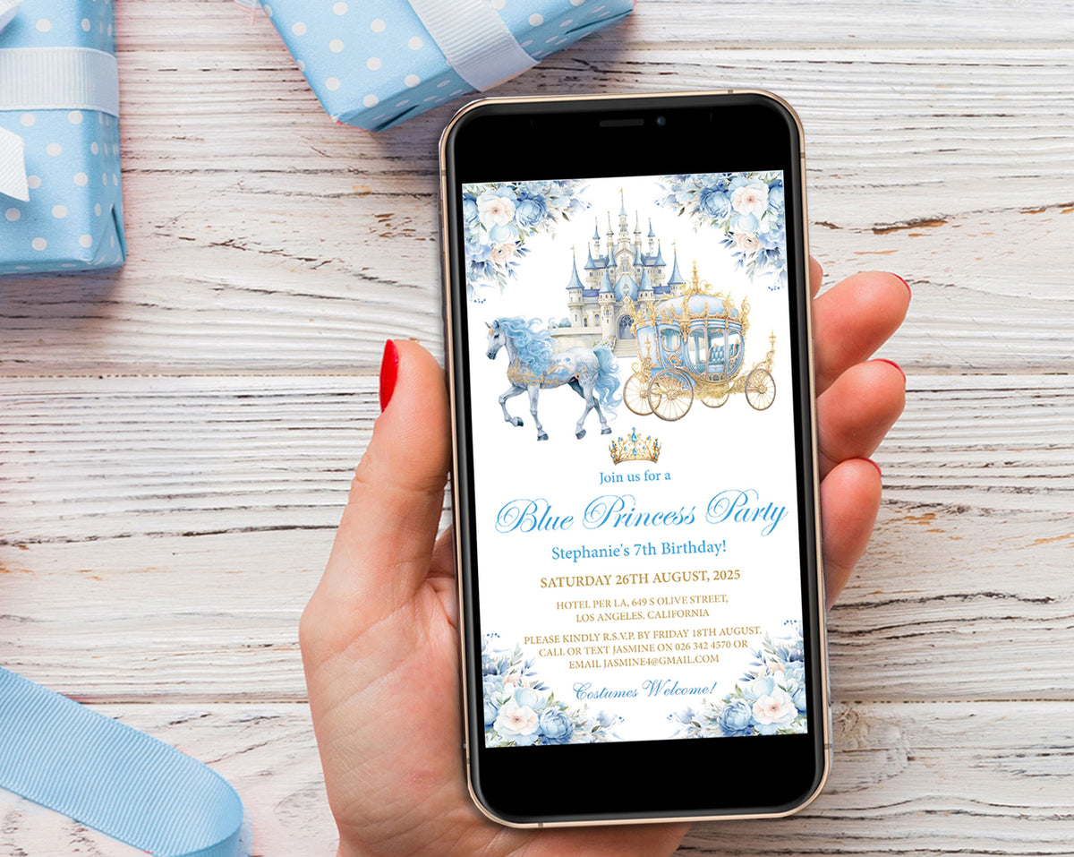 A hand with red nail polish holds a smartphone displaying a 'Blue Princess Party' invitation design with a blue and gold carriage illustration. The background is a white wood plank surface with a blue polka-dot gift box and a blue ribbon in the top corners.
