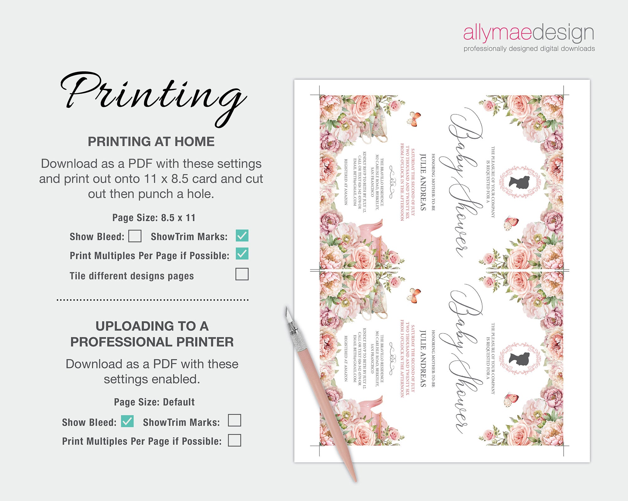 instructions on how to print the blush pink baby shower invitation