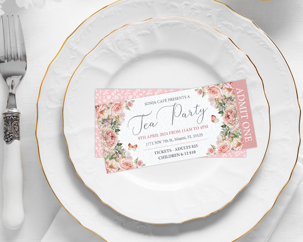 Tea party ticket with butterflies on a white plate with gold rim