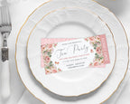 Tea party ticket with butterflies on a white plate with gold rim