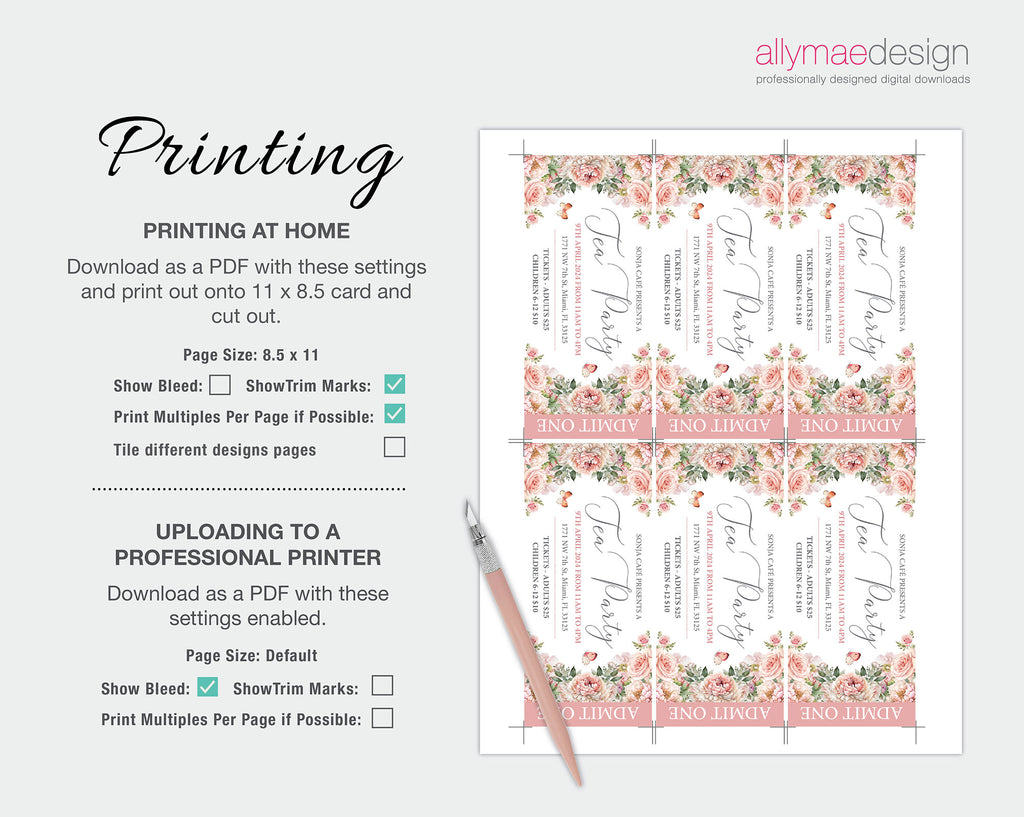 Printing instructions for the blush pink flower tea party ticket on a white background