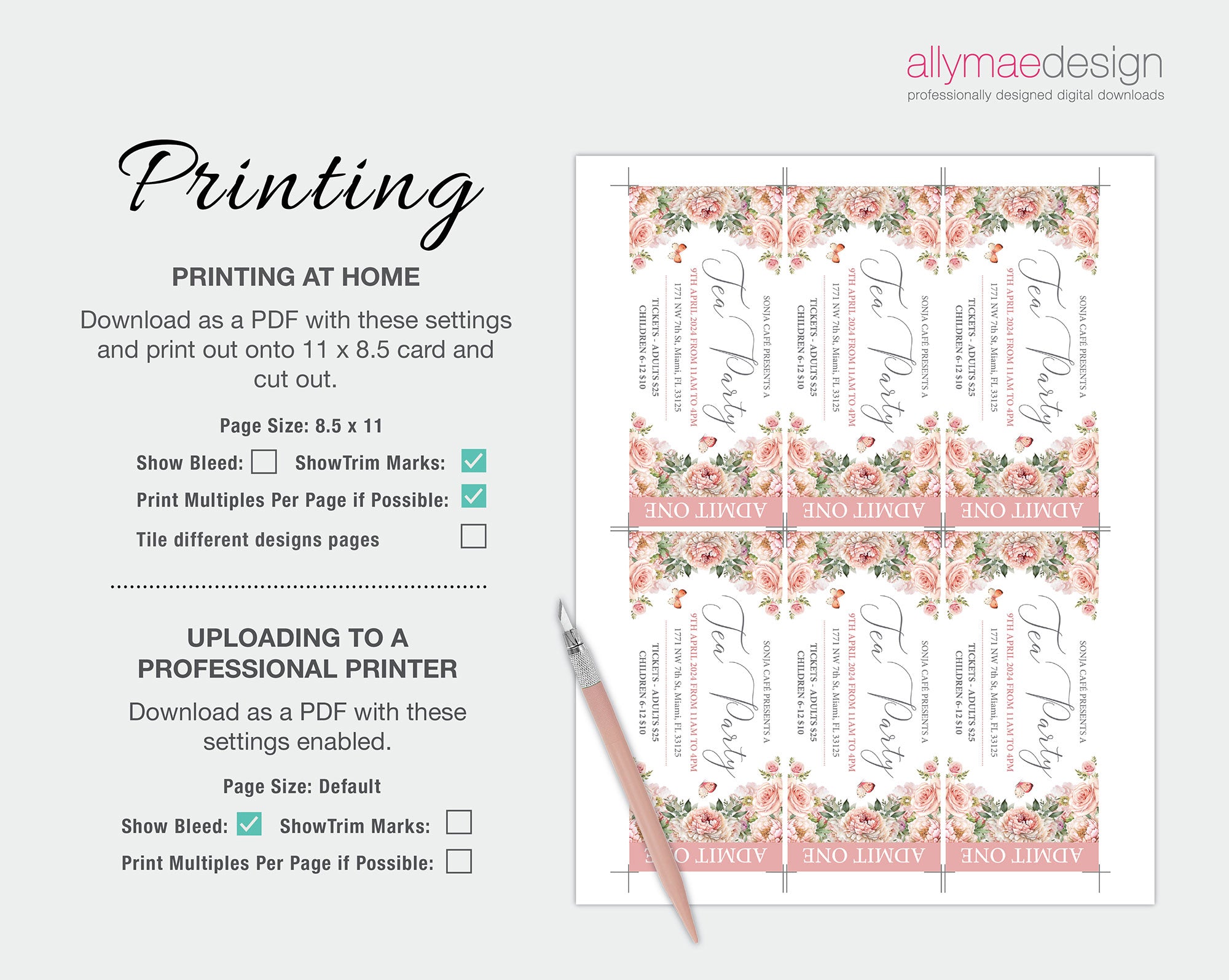Printing instructions for the blush pink flower tea party ticket on a white background