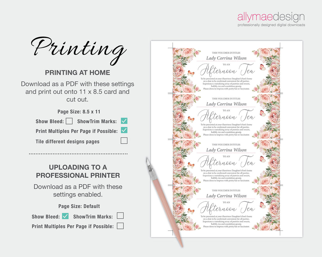 Instructions for printing the blush pink floral design vouchers on a white background.