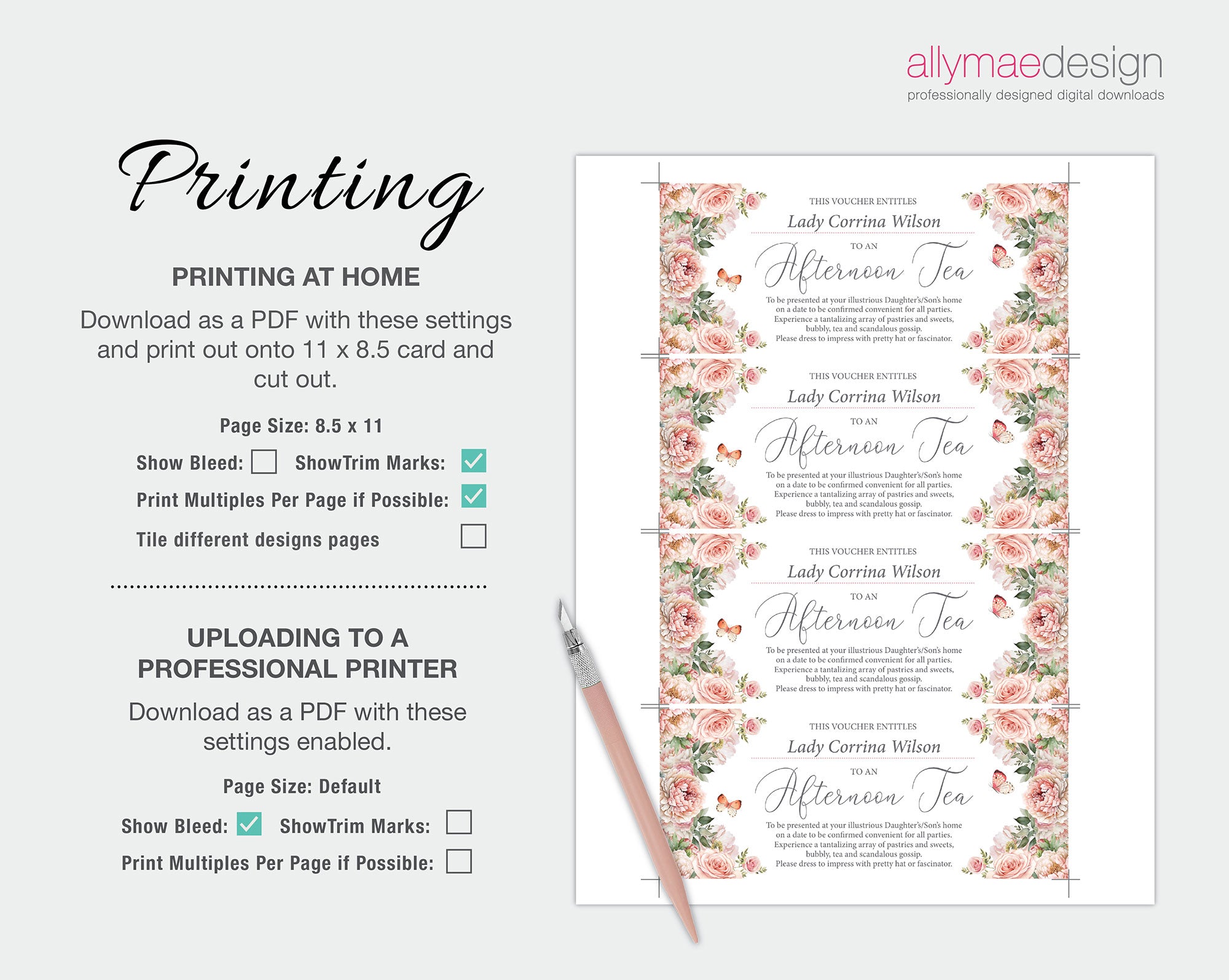 Instructions for printing the blush pink floral design vouchers on a white background.