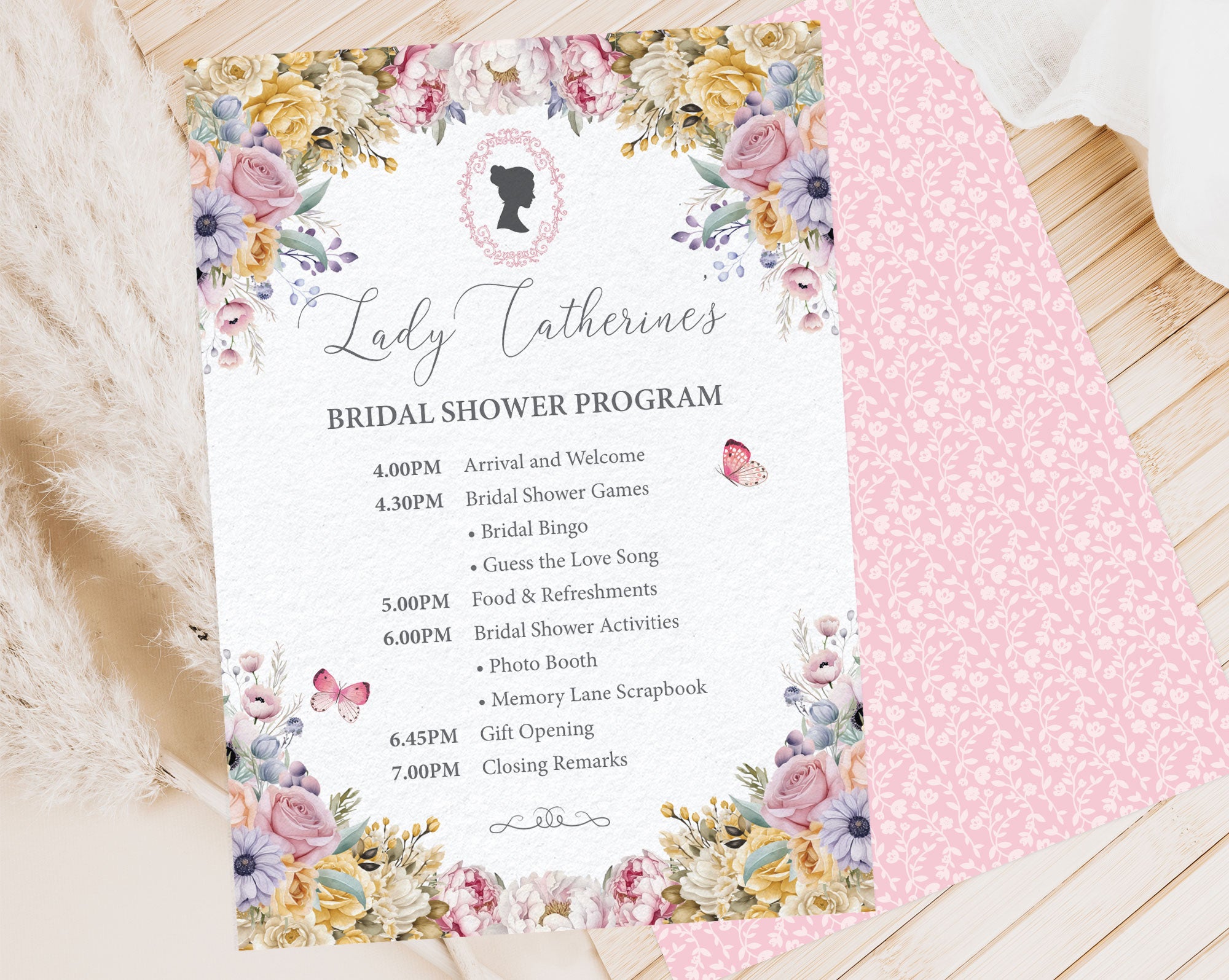 5 x 7 Regency Bridal Shower Program: Pastel Flowers, Cameo, Butterflies