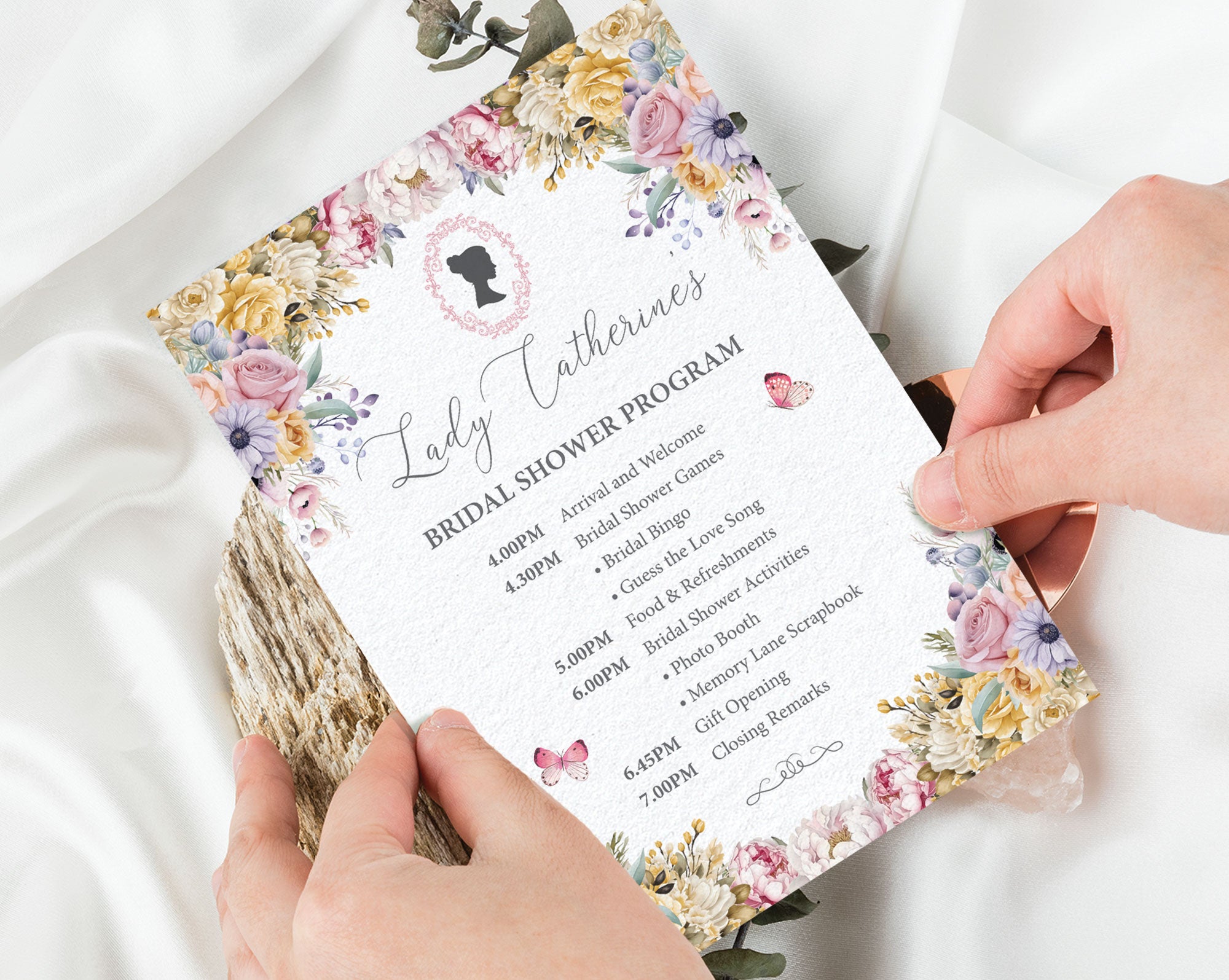 5 x 7 Regency Bridal Shower Program: Pastel Flowers, Cameo, Butterflies