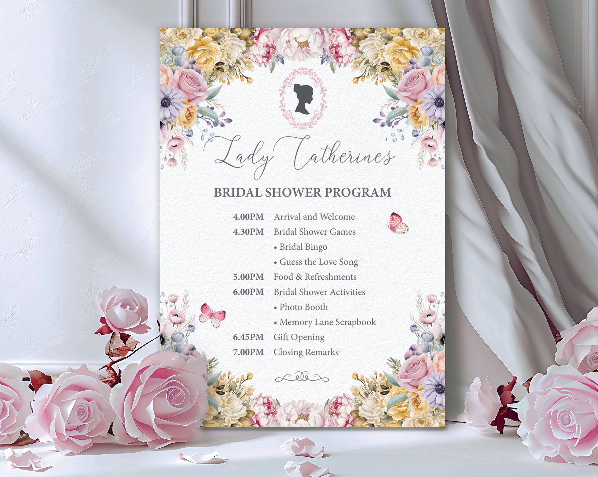5 x 7 Regency Bridal Shower Program: Pastel Flowers, Cameo, Butterflies