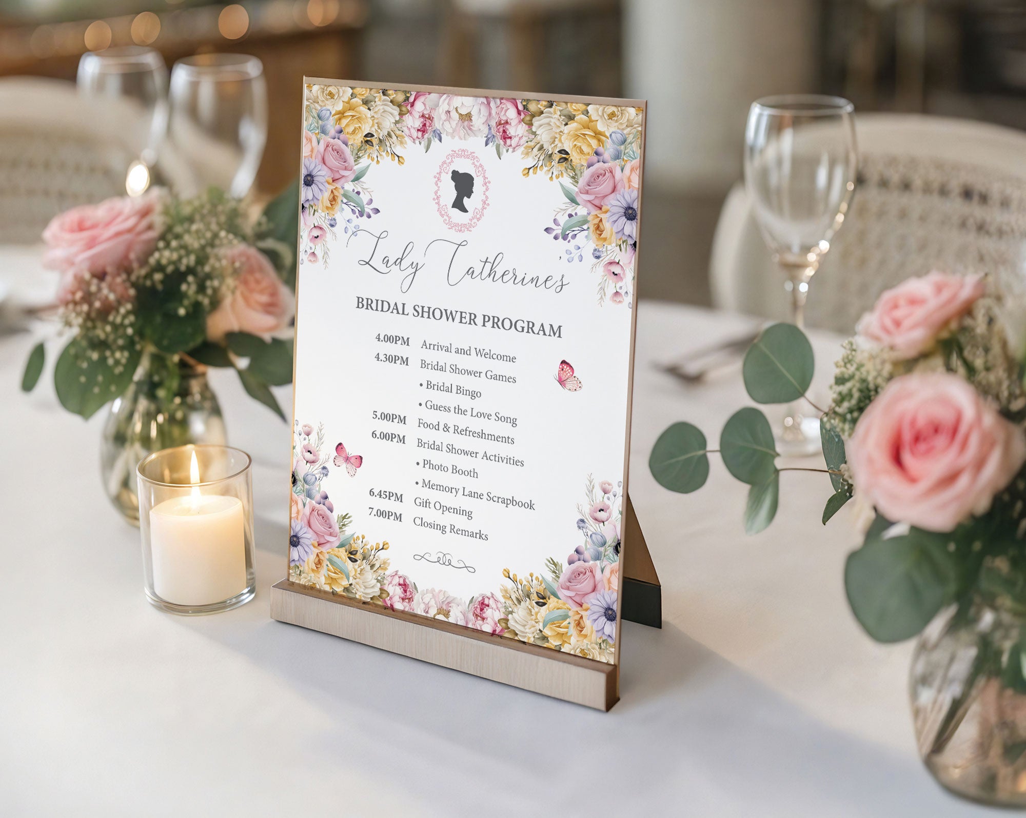 5 x 7 Regency Bridal Shower Program: Pastel Flowers, Cameo, Butterflies