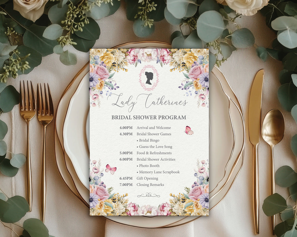 5 x 7 Regency Bridal Shower Program: Pastel Flowers, Cameo, Butterflies