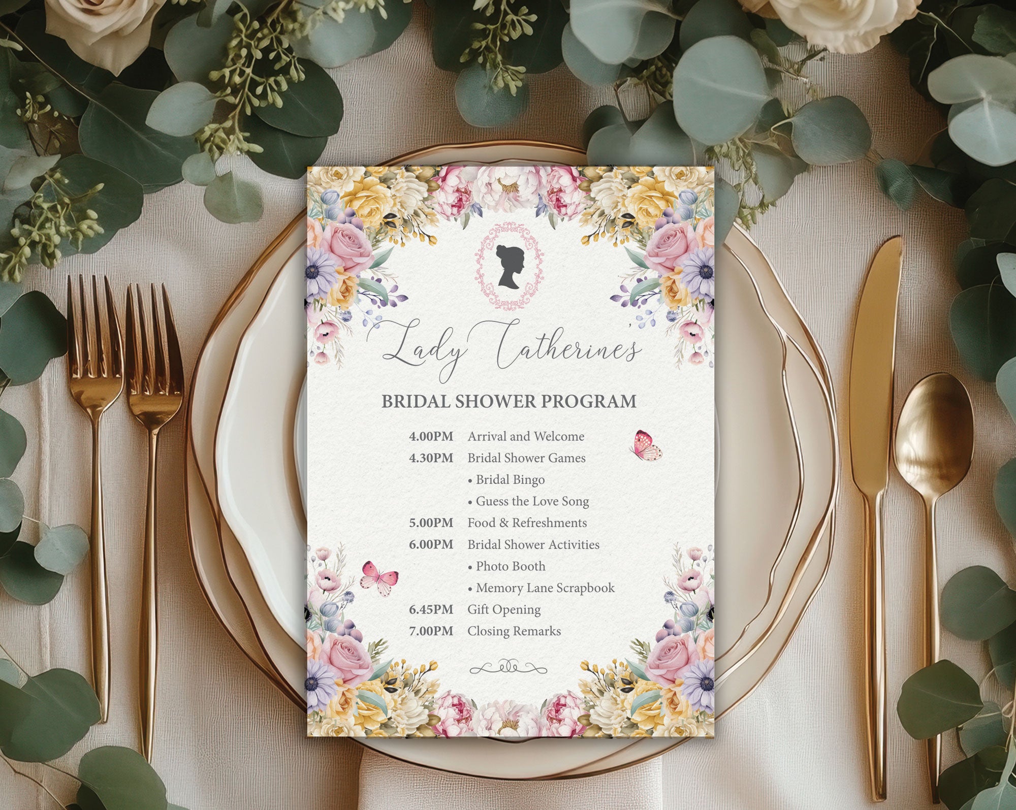 5 x 7 Regency Bridal Shower Program: Pastel Flowers, Cameo, Butterflies