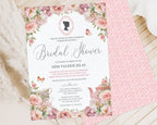 Bridal shower invitation with floral design with pink patterned back