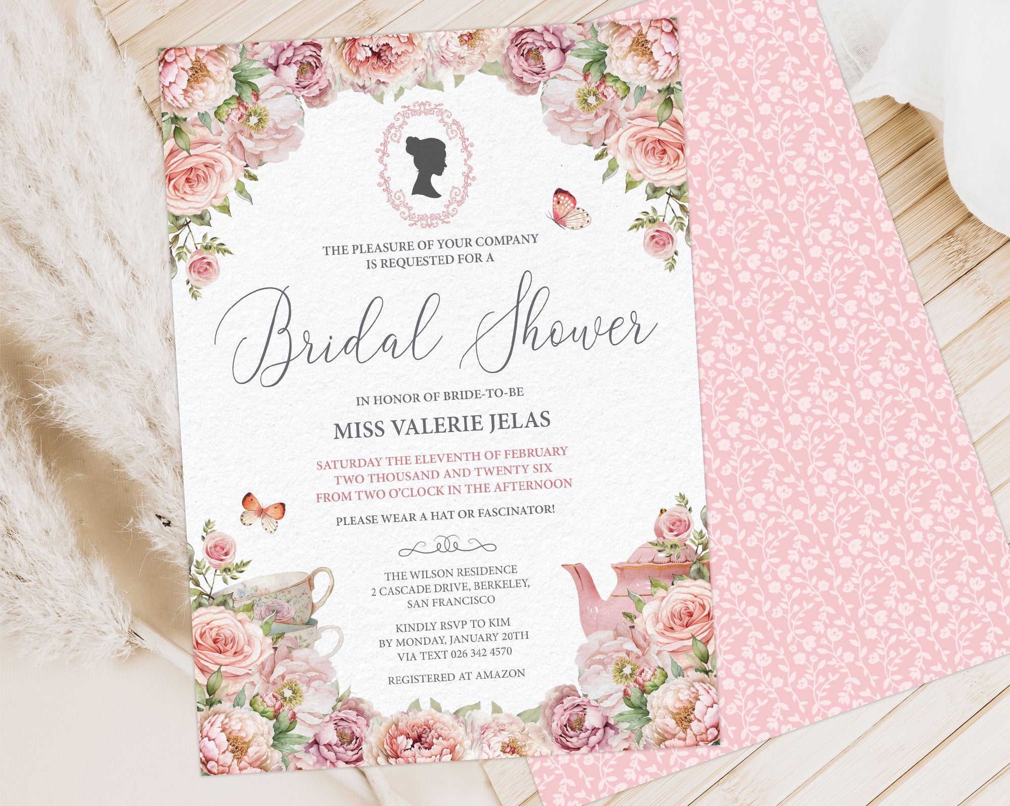 Bridal shower invitation with floral design with pink patterned back