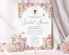 Bridal shower invitation with floral design with cameo, teapot, teacups