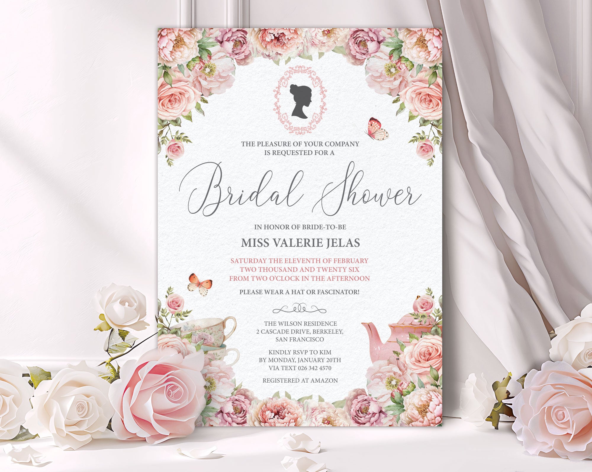 Bridal shower invitation with floral design with cameo, teapot, teacups