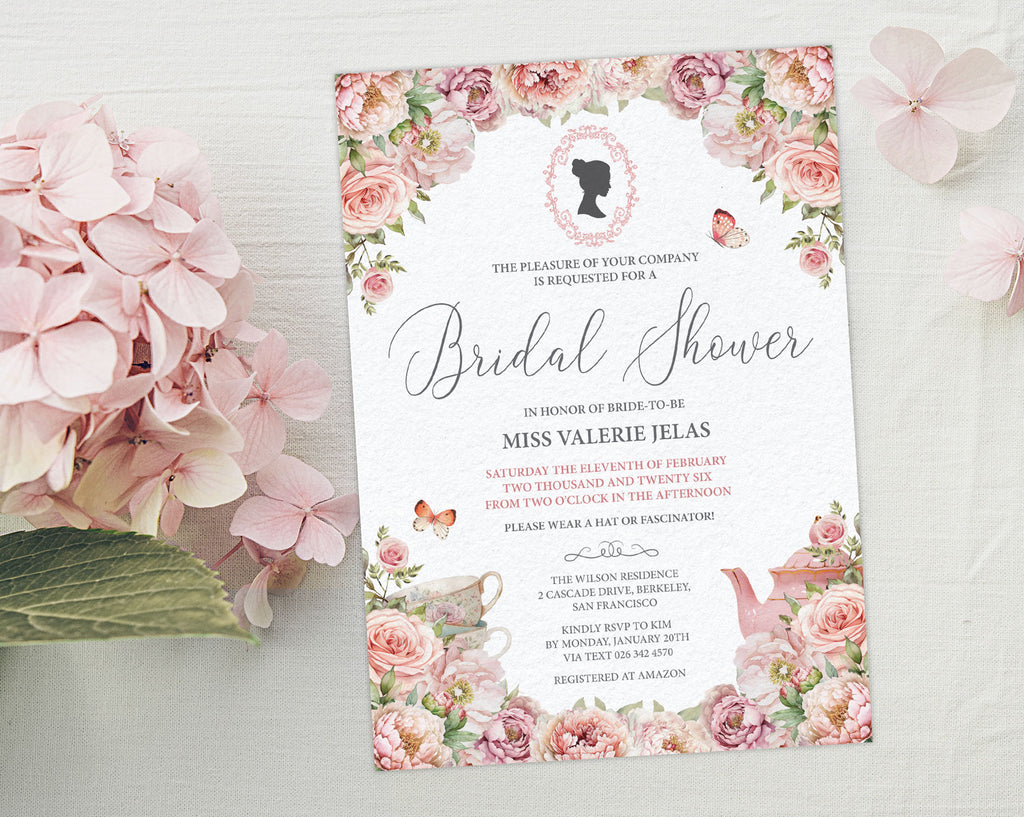 Bridal shower invitation with floral design and butterflies