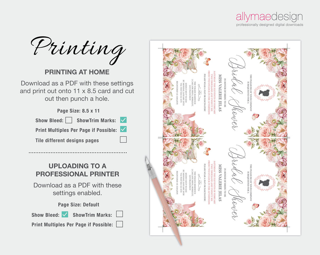 Bridal shower invitation with floral design and printing instructions on a white background.