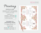 Bridal shower invitation with floral design and printing instructions on a white background.