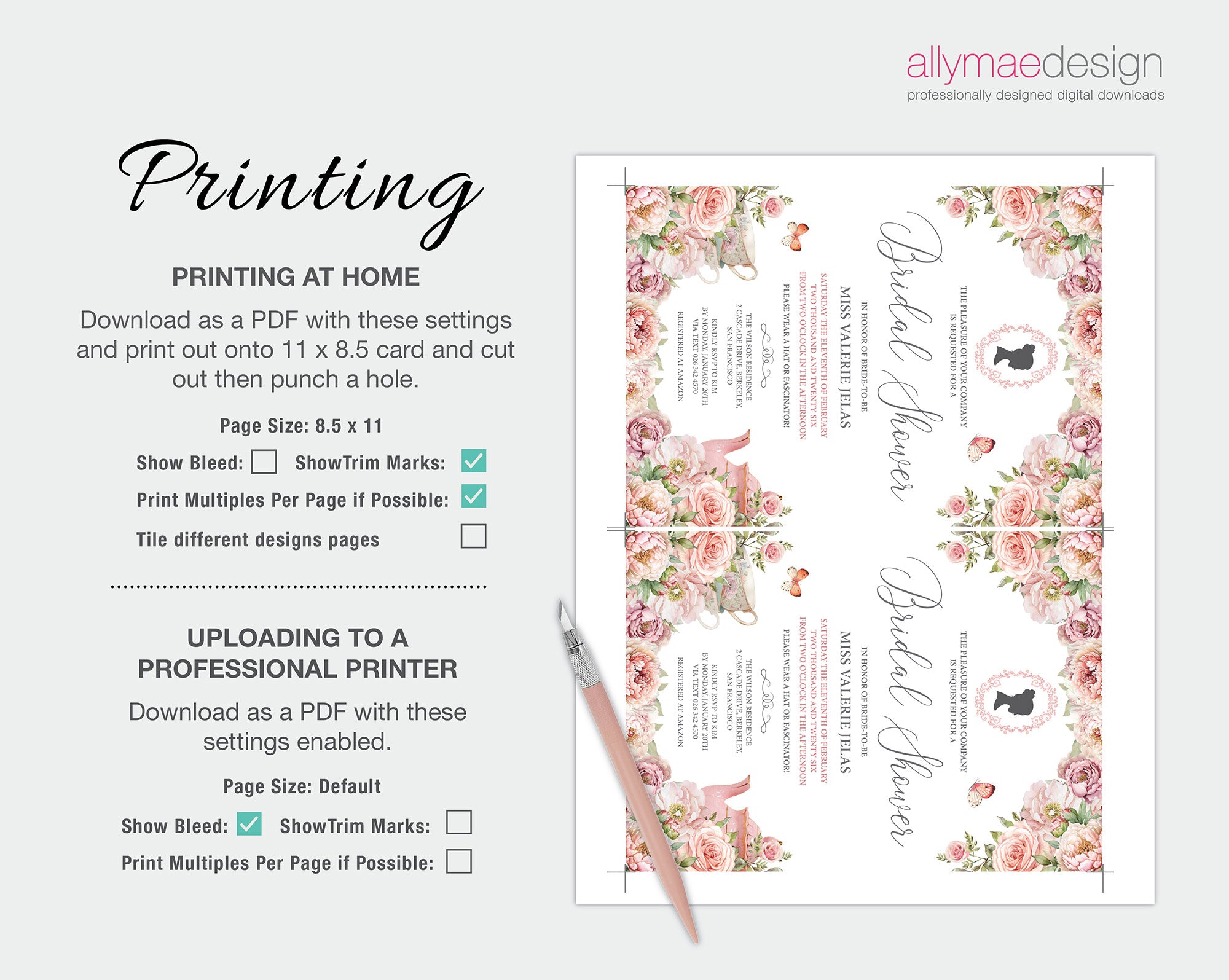 Bridal shower invitation with floral design and printing instructions on a white background.