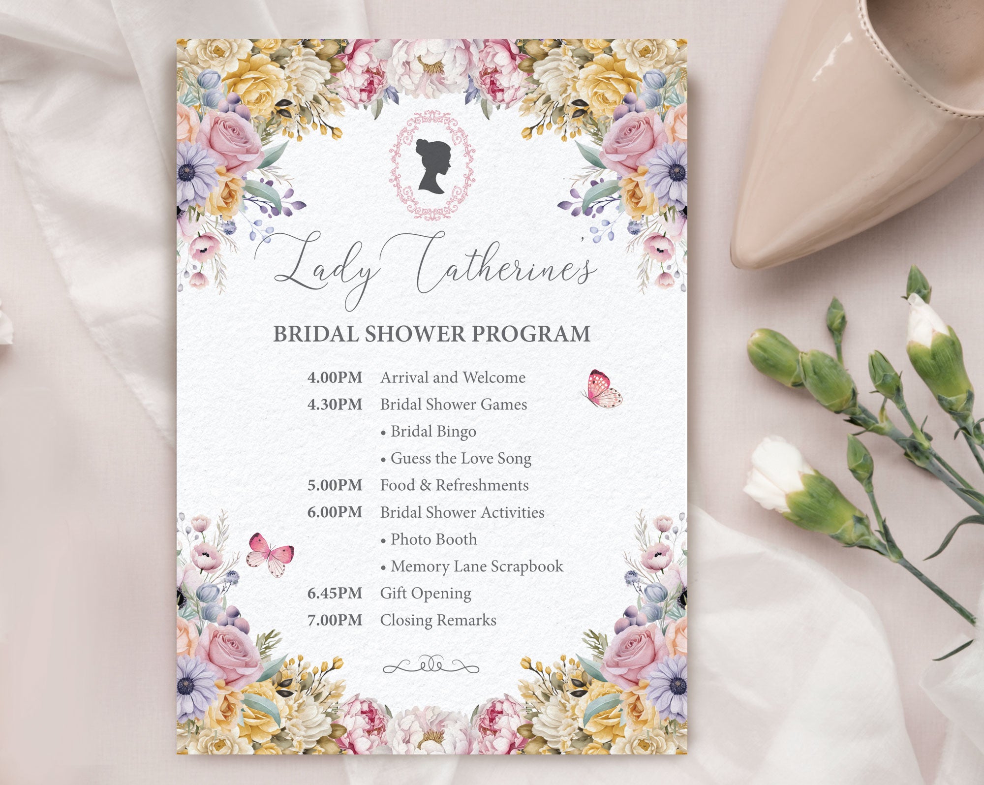 5 x 7 Regency Bridal Shower Program: Pastel Flowers, Cameo, Butterflies