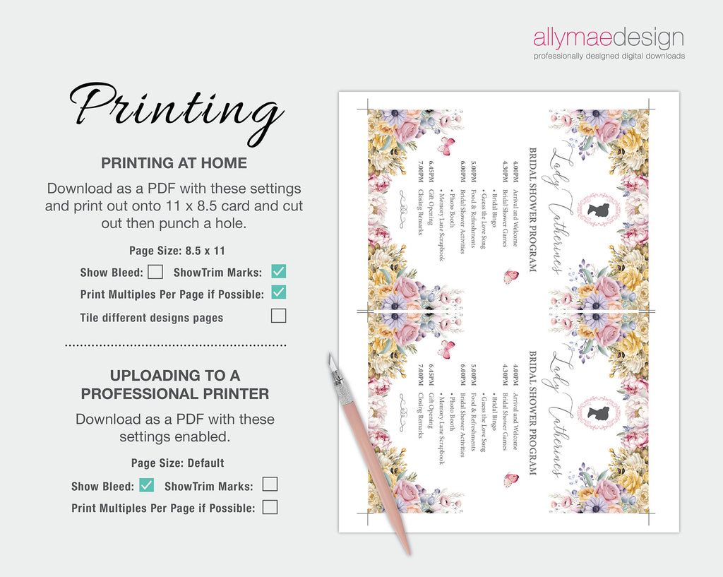 5 x 7 Regency Bridal Shower Program: Pastel Flowers, Cameo, Butterflies