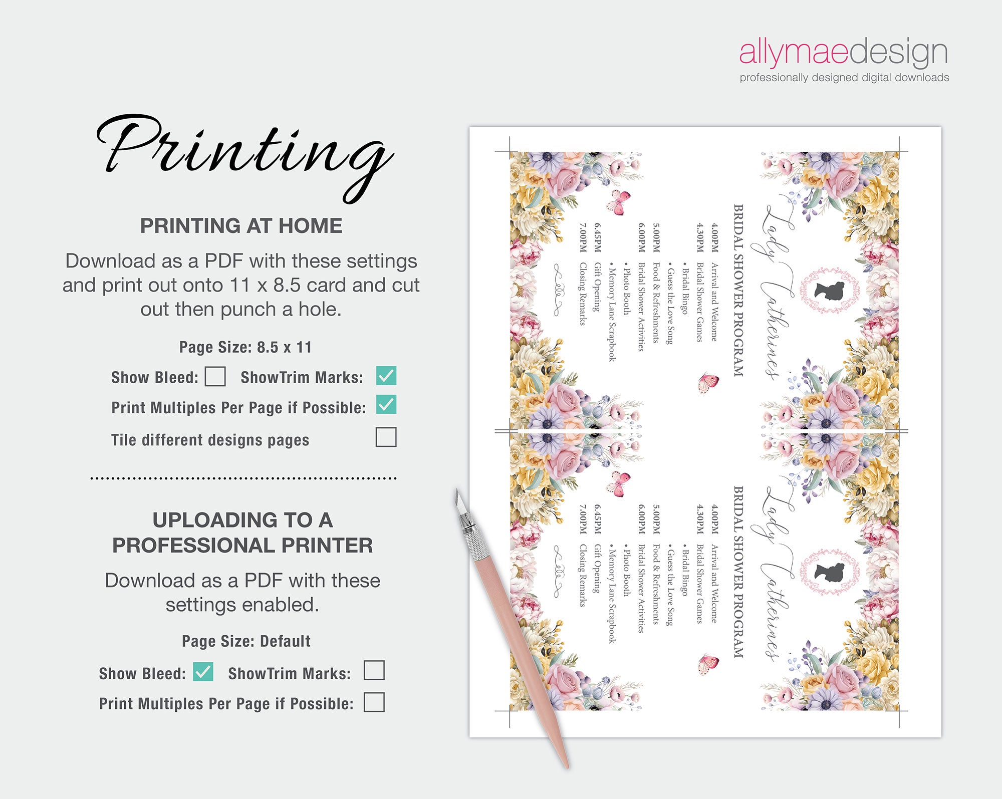 5 x 7 Regency Bridal Shower Program: Pastel Flowers, Cameo, Butterflies