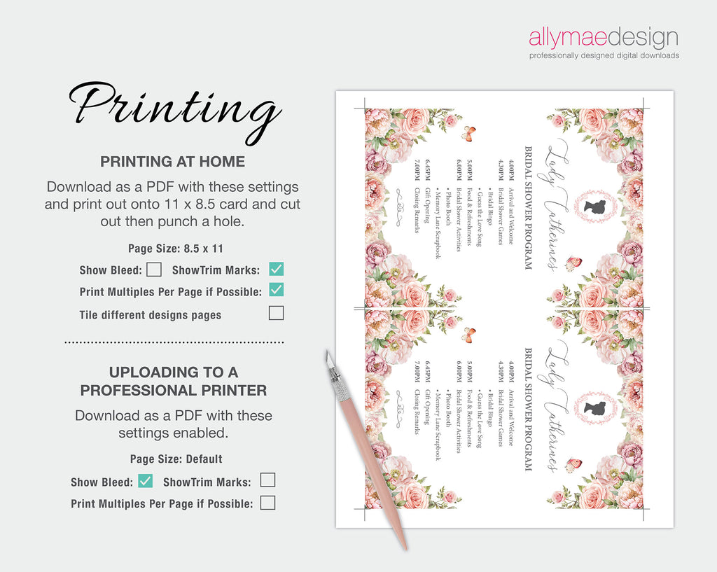 Floral design printout with printing instructions on a white background