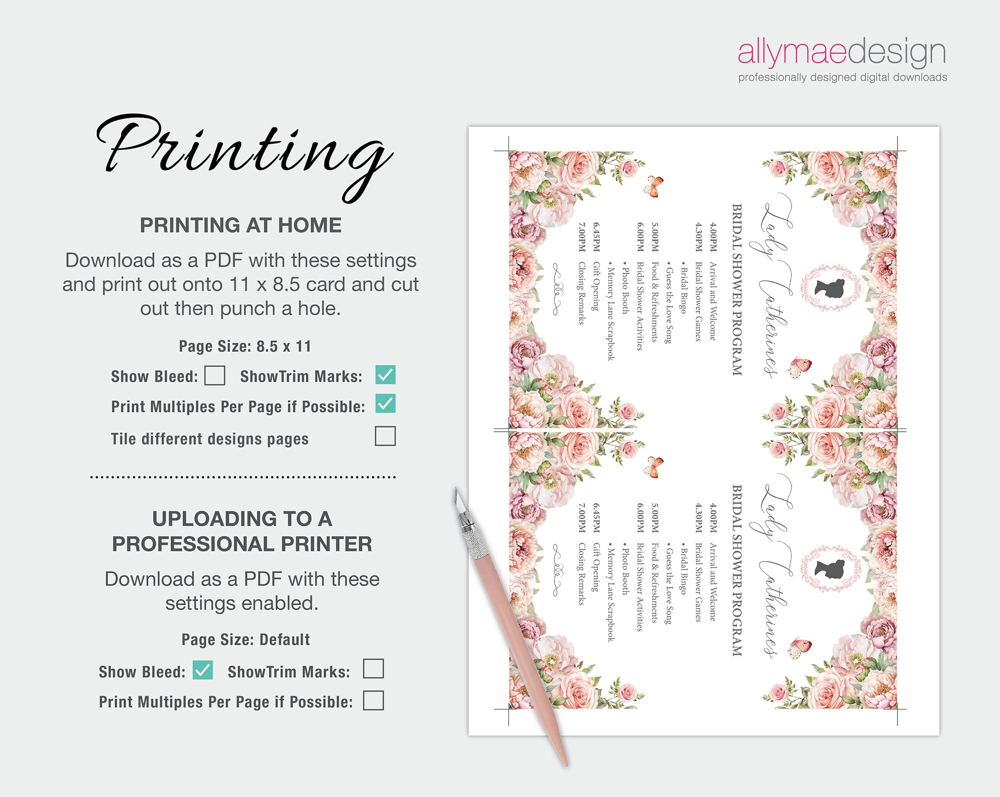 Floral design printout with printing instructions on a white background