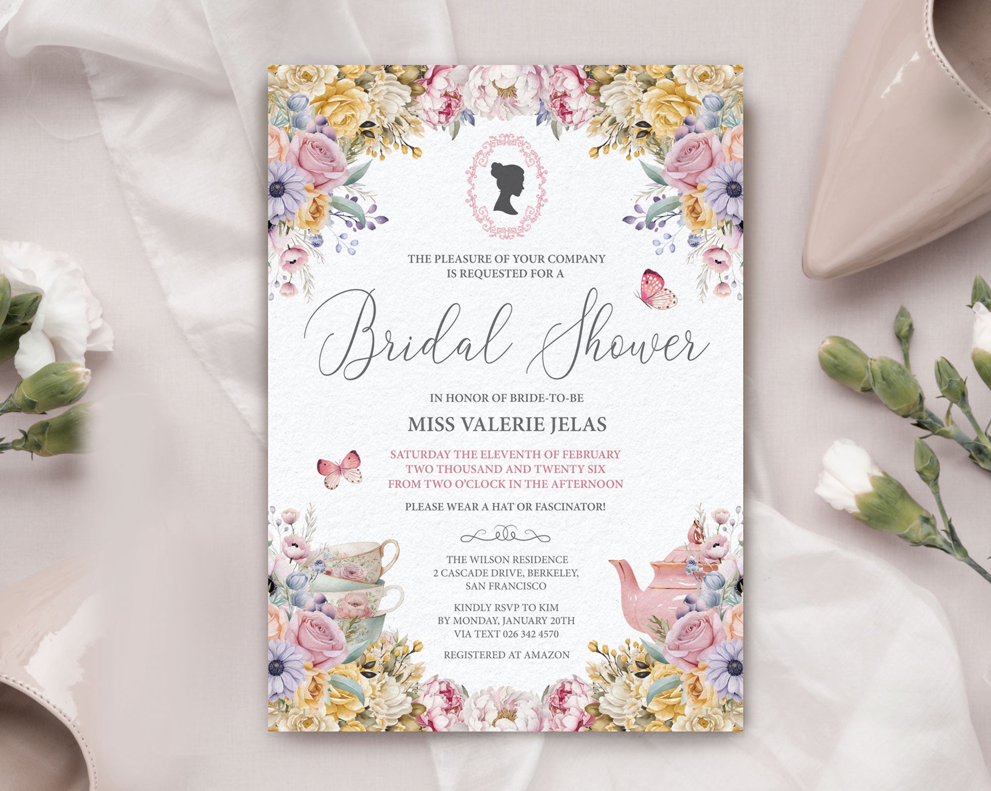 Regency Bridal Shower Invitation: Cameo, Pastel Flowers, Teapot, Butterflies, 5x7 Corjl Editable Template