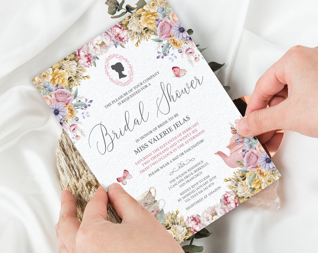 Pastel Bridal Shower Invitation: Cameo, Flowers, Teapot, Butterflies