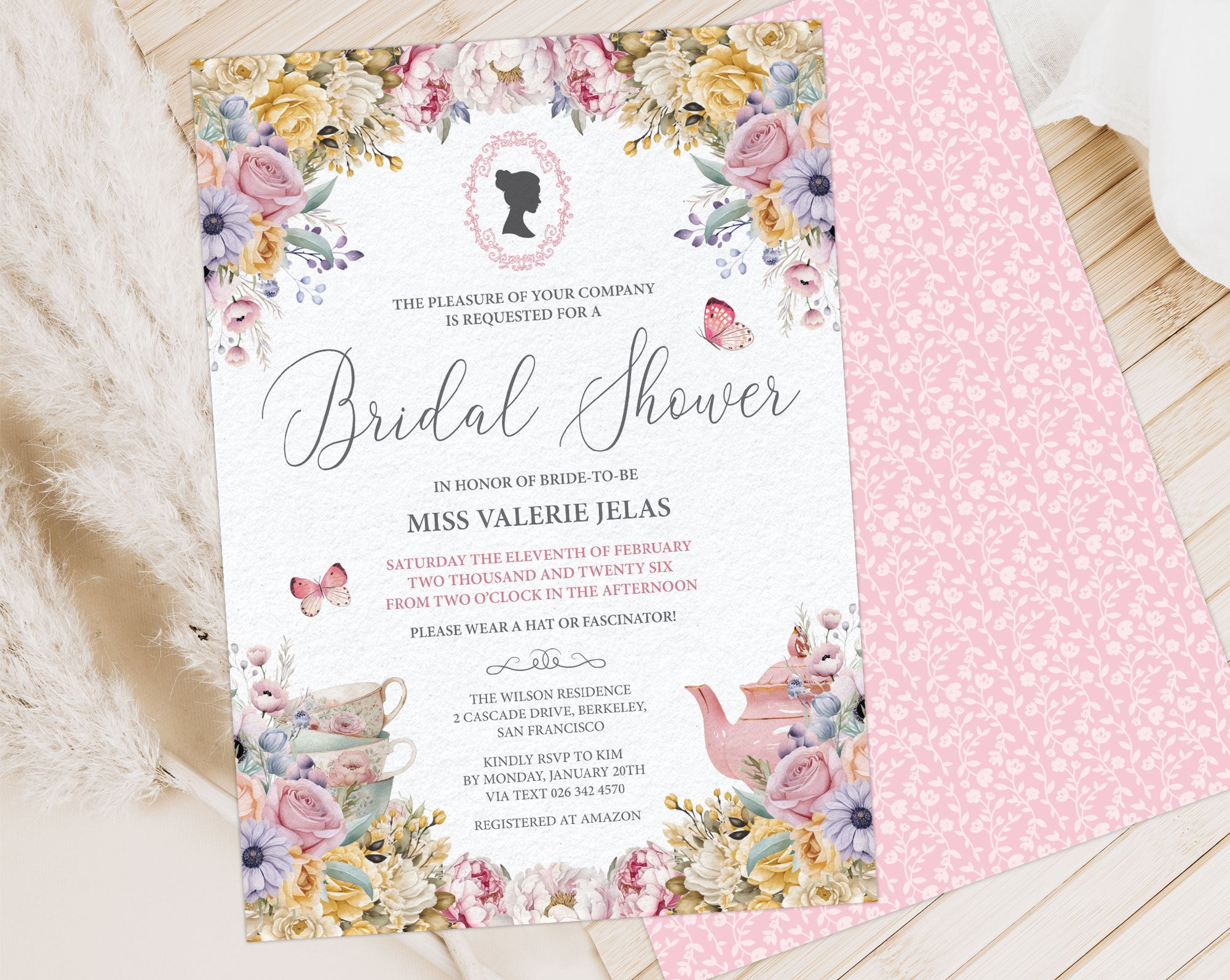 Invitation for a Bridal Shower in the Regency Style with pretty pink pattern back