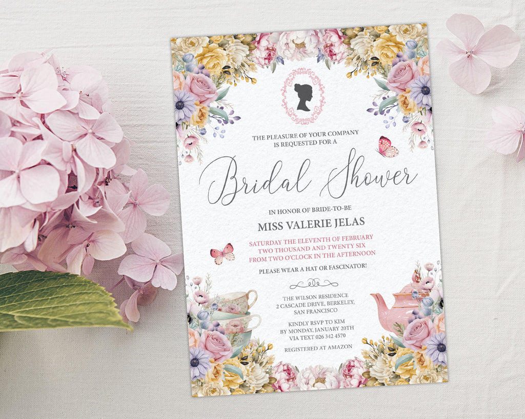 tea party invitation for a bridal shower with pretty pastel flowers