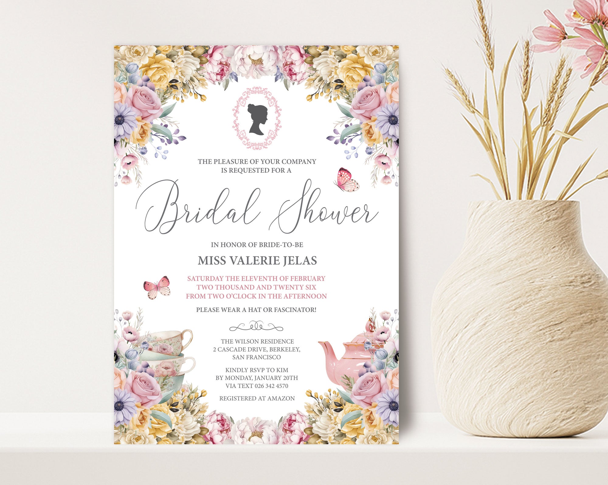 Pretty pastel bridal shower invitation for an afternoon tea