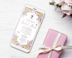 Pretty pastel flower Bridal Shower Mobile invitation with Bridgerton Style cameo and butterflies laying on a white surface next to some pink flowers and a wrapped gift