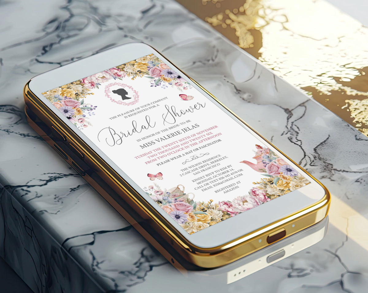 A gold-framed smartphone lying diagonally on a white and gray marble surface, displaying a bridal shower invitation design with pastel florals, regency cameo and butterflies