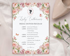 Bridal shower program with floral design on a white background, with bridal shoe in the corner
