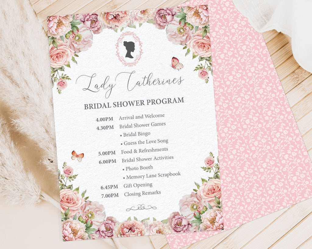 Bridgerton Inspired Bridal shower program with pink flower design on a fur and wood background