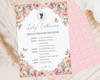 Bridgerton Inspired Bridal shower program with pink flower design on a fur and wood background