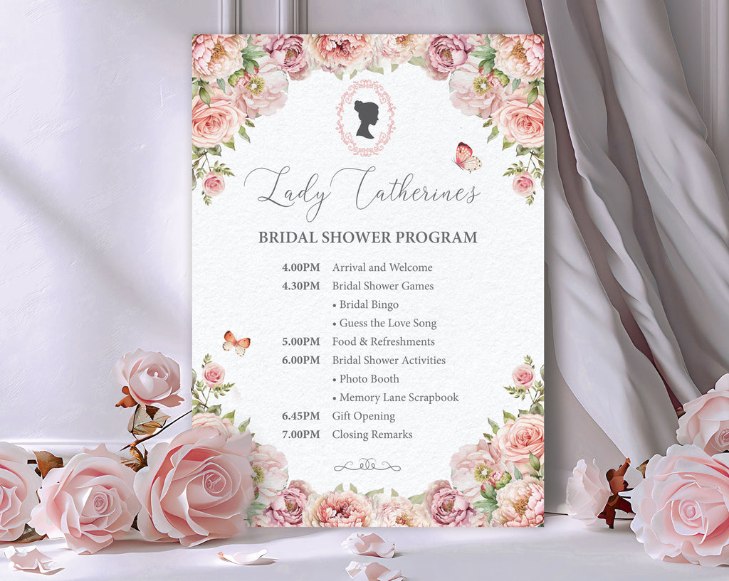 Bridal shower program with blush pink florals, regency cameo design on a white background