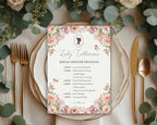 Blush Pink Bridal shower itinerary card on a decorative table setting with flowers and cutlery