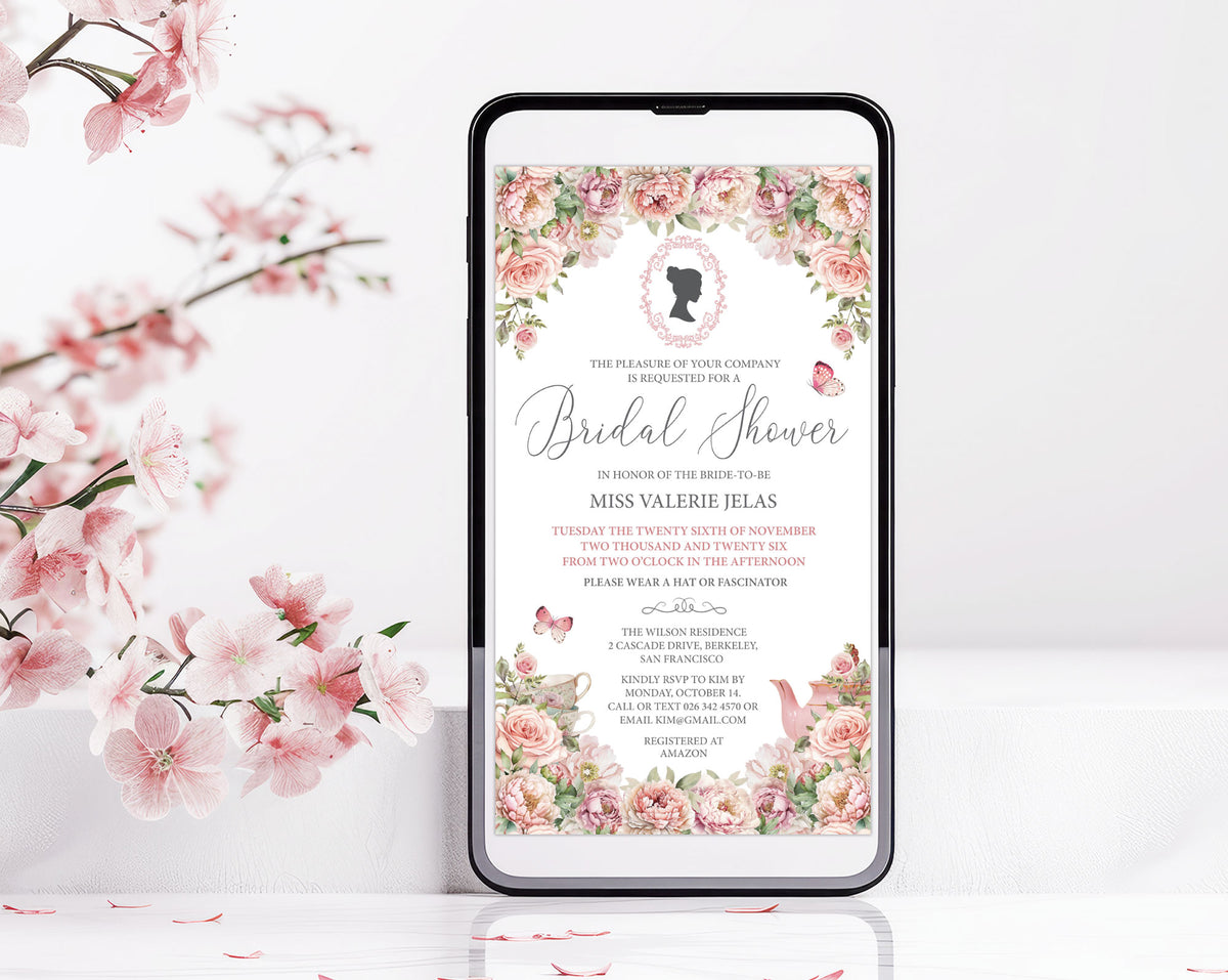 A smartphone mockup displaying a regency style blush pink floral bridal shower invitation design, surrounded by pink blossoms on a clean white background.