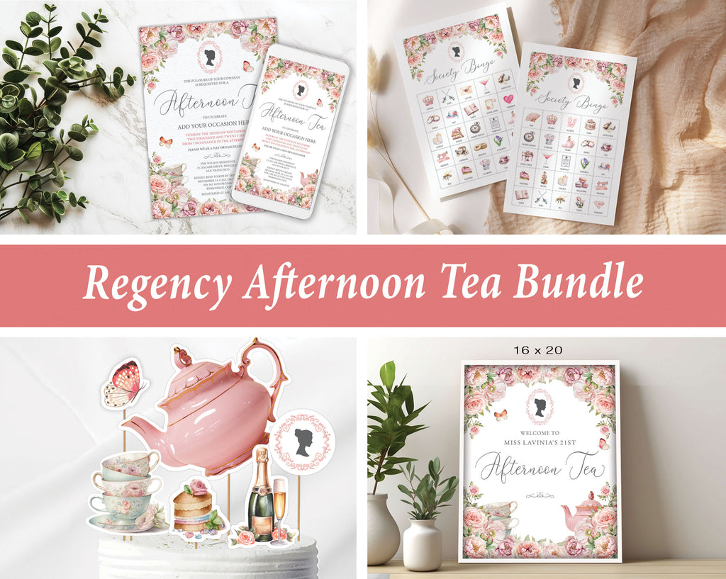 collage showing a 5 piece afternoon tea bundle in blush pink with bingo