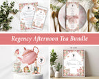 Collage of Regency Afternoon Tea Bundle items including menu cards, teapot set, and framed print.