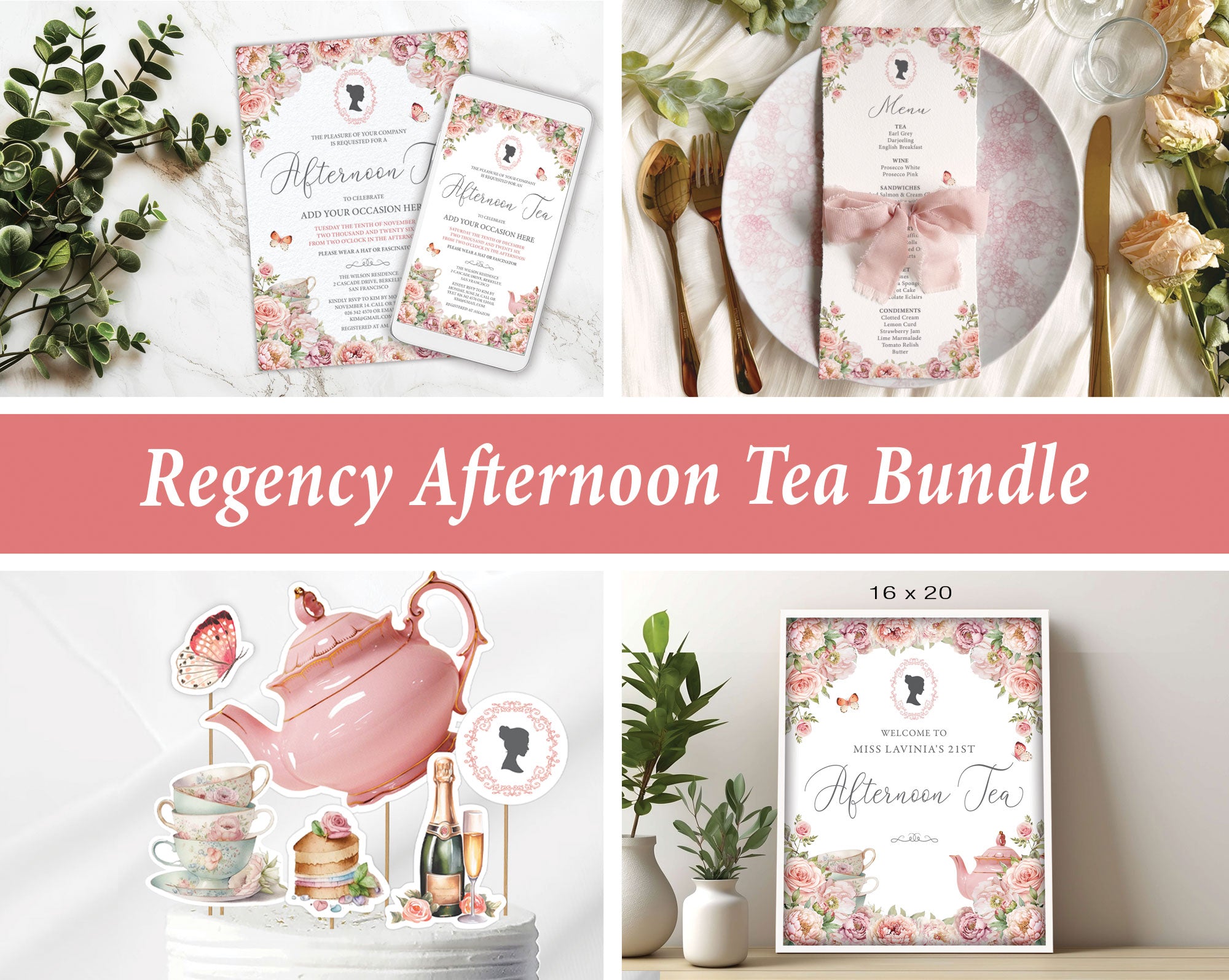 Collage of Regency Afternoon Tea Bundle items including menu cards, teapot set, and framed print.